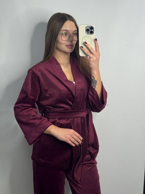 Женский велюровый костюм (двойка) для дома на запах 278-25 бордовая