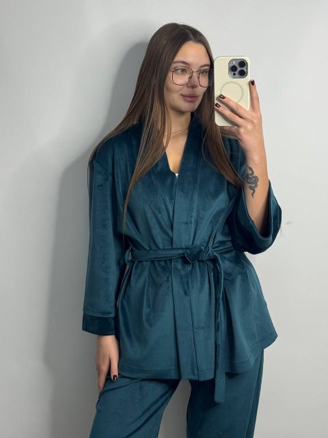 Женский велюровый костюм (двойка) для дома на запах 278-25 изумруд