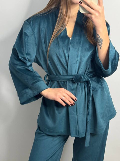 Женский велюровый костюм (двойка) для дома на запах 278-25 изумруд