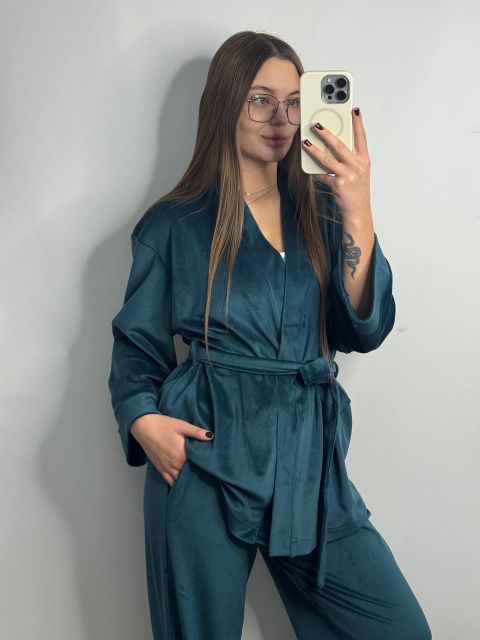 Женский велюровый костюм (двойка) для дома на запах 278-25 изумруд