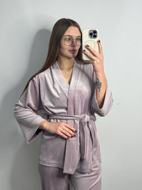 Женский велюровый костюм (двойка) для дома на запах 278-25 перламутр