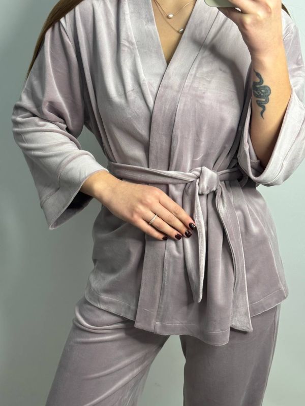 Жіночий велюровий костюм (двійка) для дому на запах 278-25 перламутр