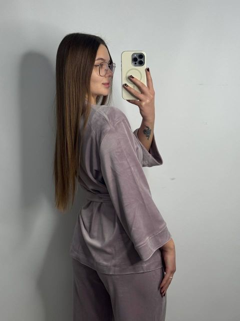 Женский велюровый костюм (двойка) для дома на запах 278-25 перламутр