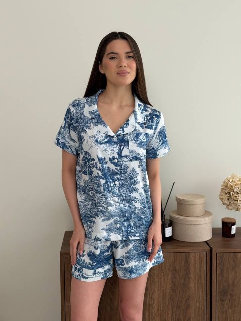 Піжама сатинова жіноча 052-213 в синій принт