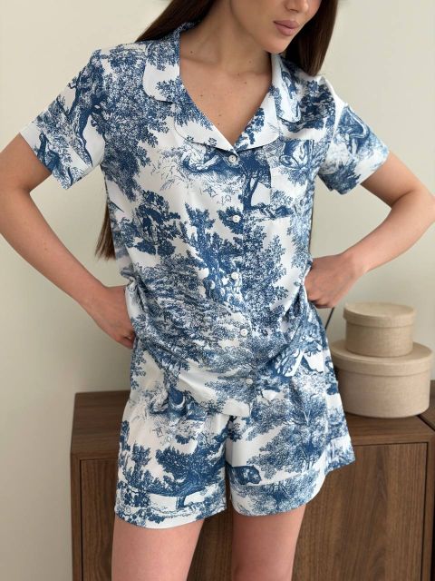 Піжама сатинова жіноча 052-213 в синій принт