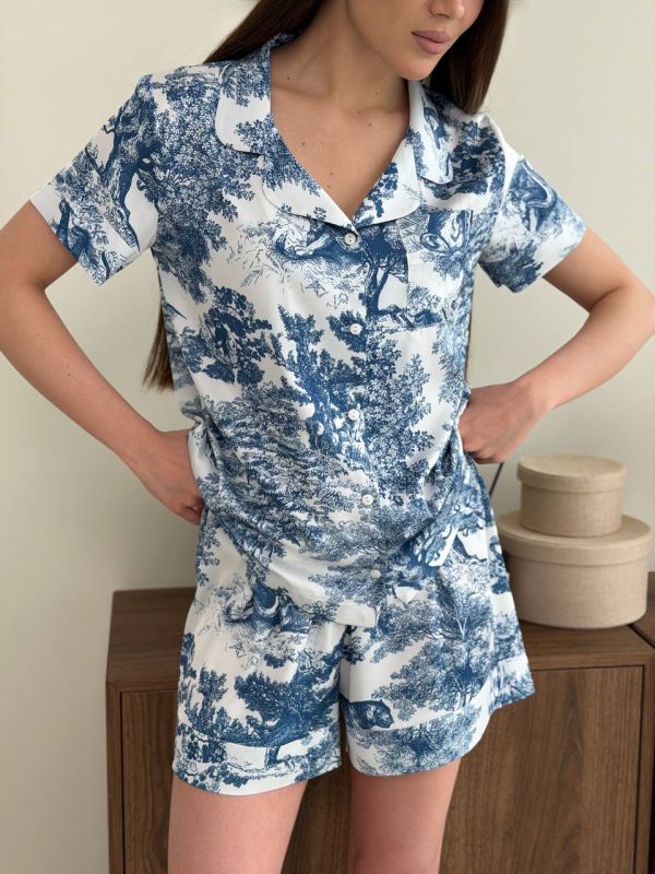 Піжама сатинова жіноча 052-213 в синій принт