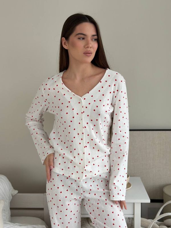 Трикотажная пижама (брюки и кофта) 277-25 в красные сердечки